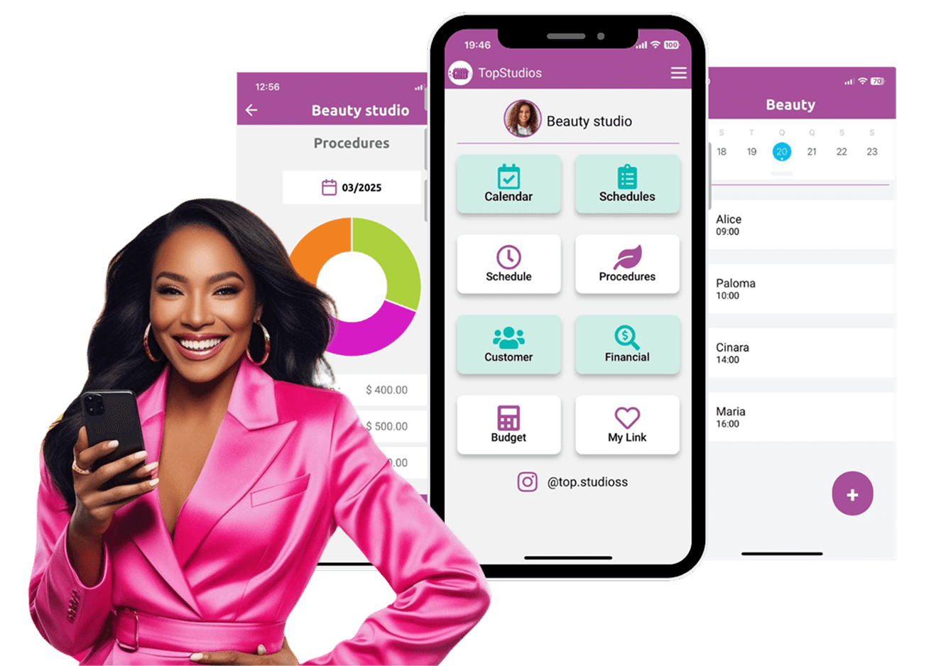 Image with three screenshots of the TopStudios app. In the center, the app's home screen is displayed, showing the menu of features. On the right, there is a screenshot of the scheduling screen, where professionals can organize their appointments. On the left, a capture of the billing screen displays an illustrative finance chart.